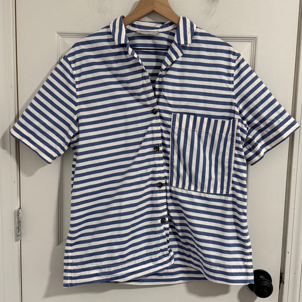 Everlane Button Down Shirt Women Medium Blue White Striped Cotton Poplin Coastal